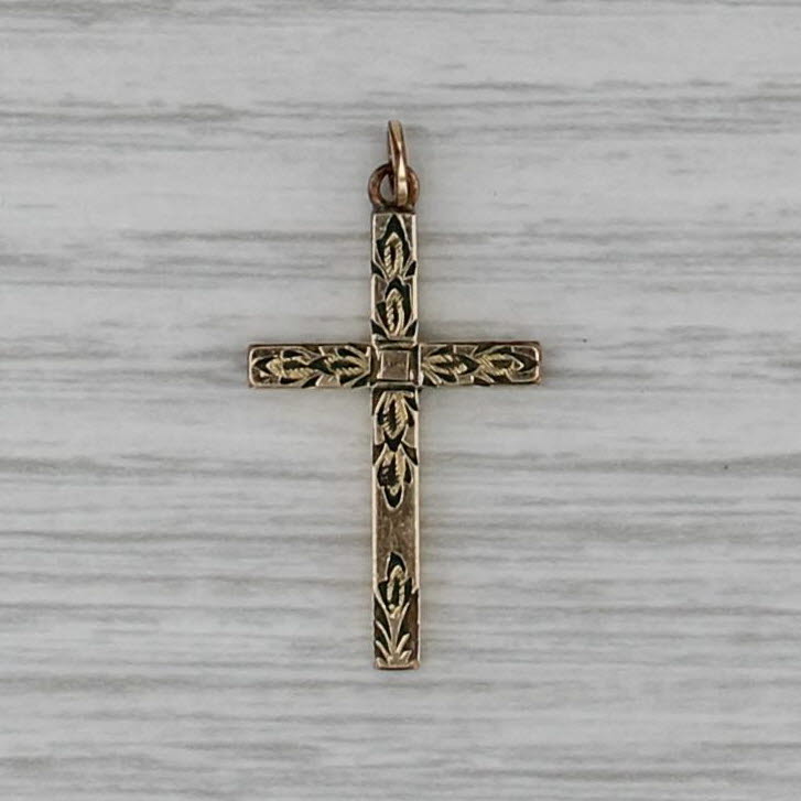 Vintage Floral Reversible Cross Pendant Yellow Gold Filled Ornate Estate Charm