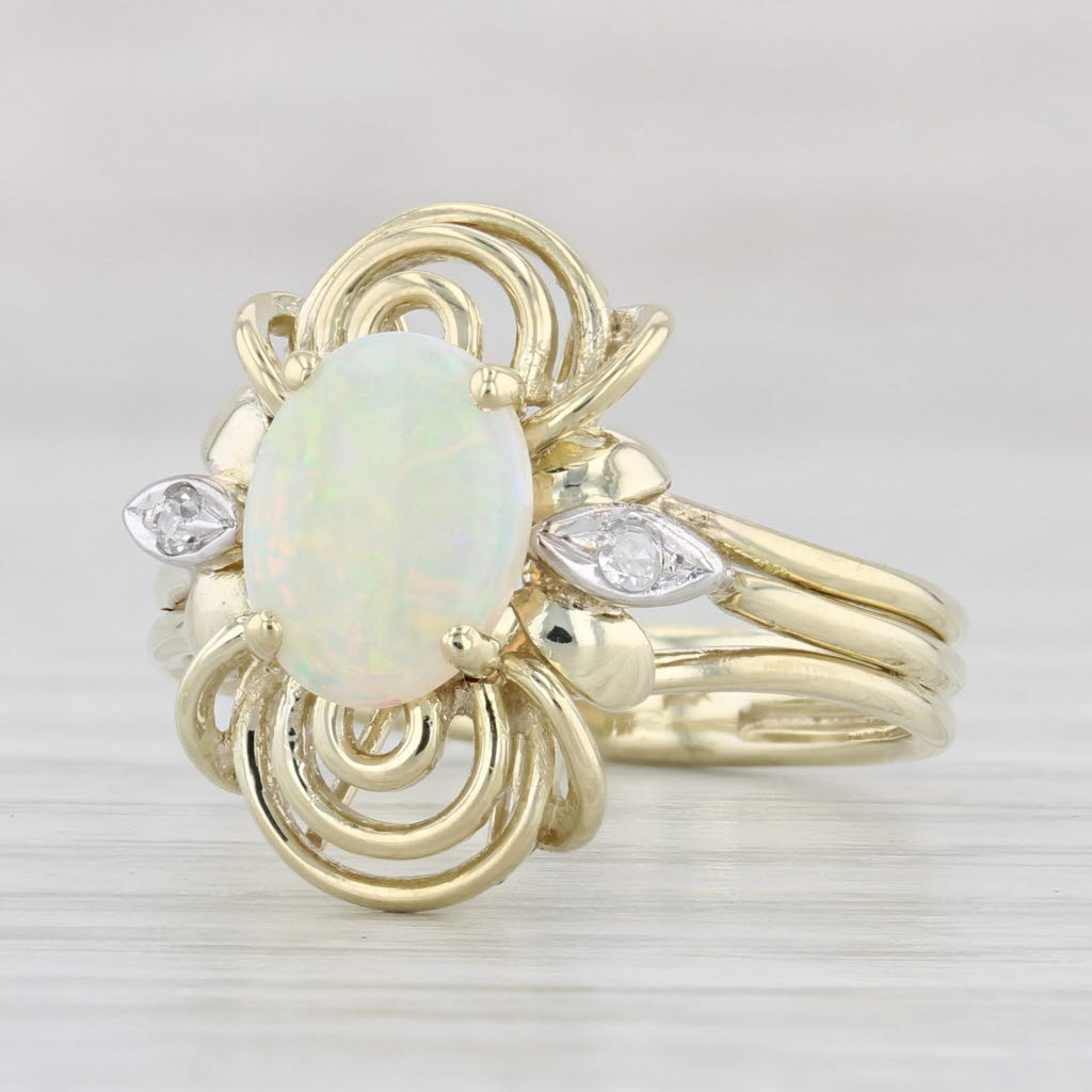 Light Gray Oval Opal Cabochon Diamond Ring 14k Yellow Gold Size 7