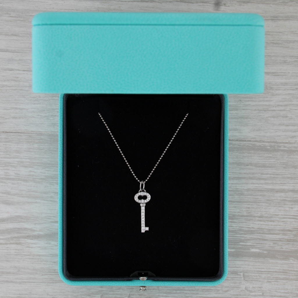 Tiffany 0.16ctw Diamond Key Pendant Necklace w/ Box 18k Gold 18" Bead Chain