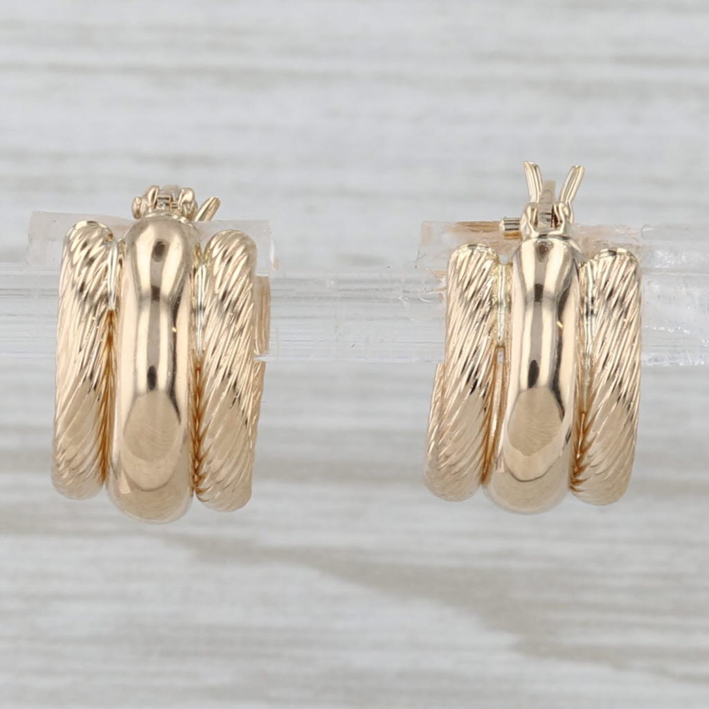 Gray Rope Etched 3-Hoop Earrings 14k Yellow Gold Snap Top Small Round Hoops