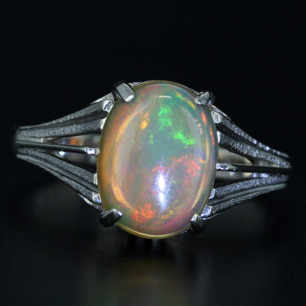 Black Rainbow Yellow Opal Solitaire Ring 14k White Gold Size 6.25