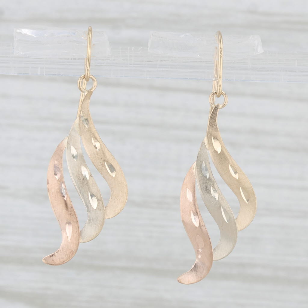 Light Gray Tri-toned Wing Dangle Earrings 14k Yellow White Rose Gold Hook Posts
