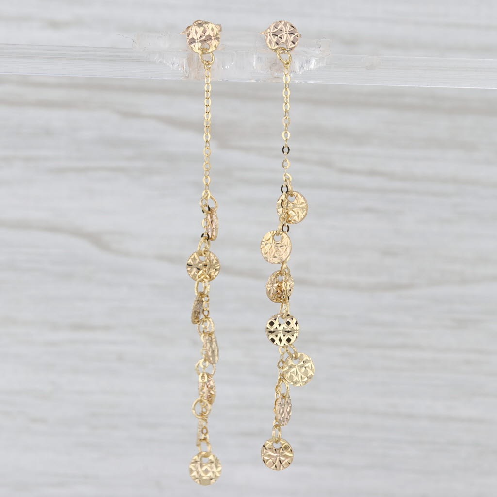 Etched Disc Dangle Earrings 14k Yellow Gold Chain Drops