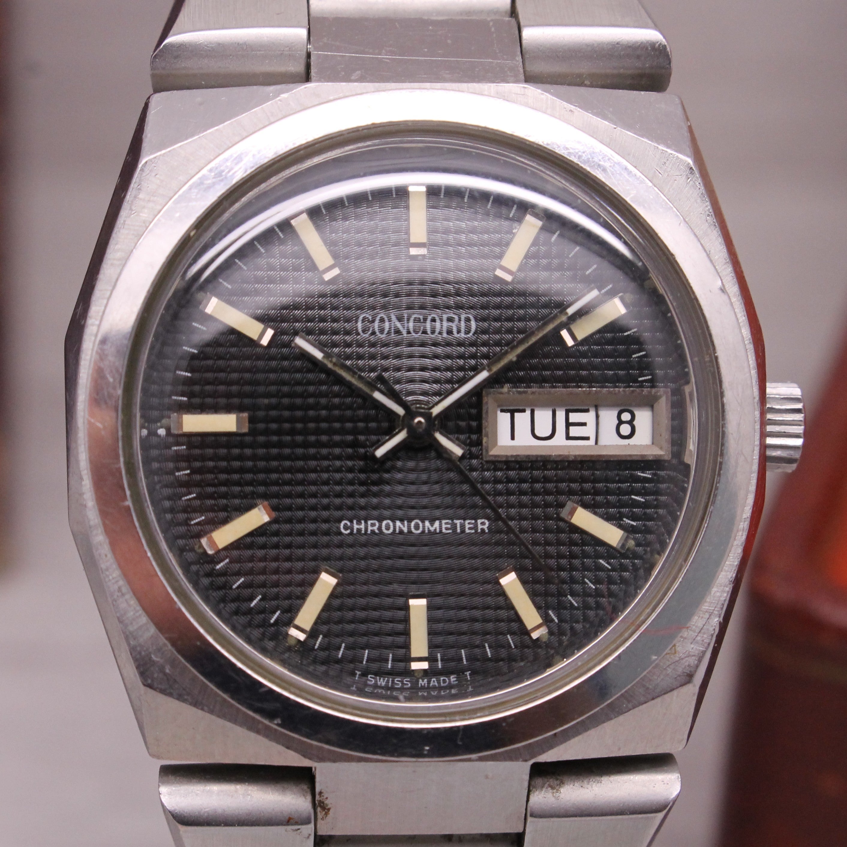 Slate Gray Vintage 1970's Concord Chronometer Mens Steel Integrated Sport Watch w Box COSC