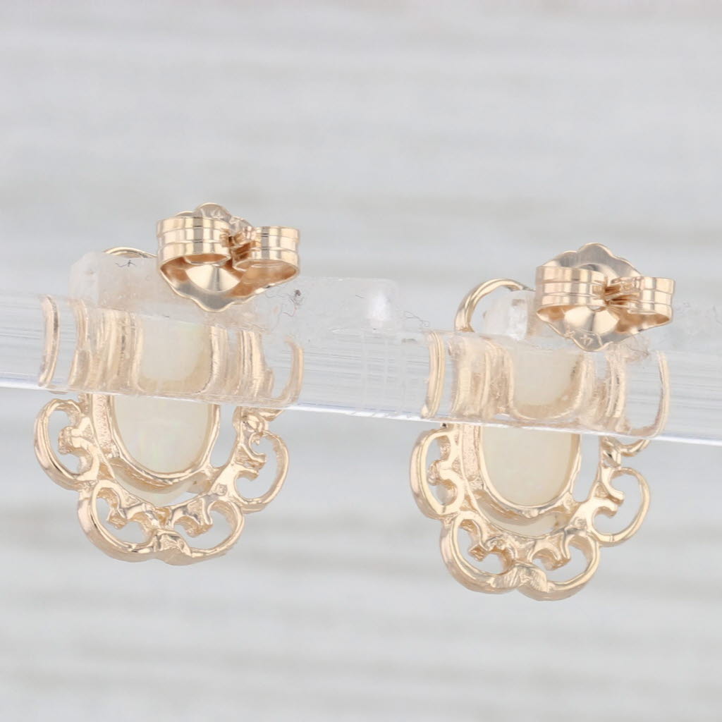 Light Gray Oval Cabochon Solitaire Opal Stud Earrings 14k Yellow Gold Filigree