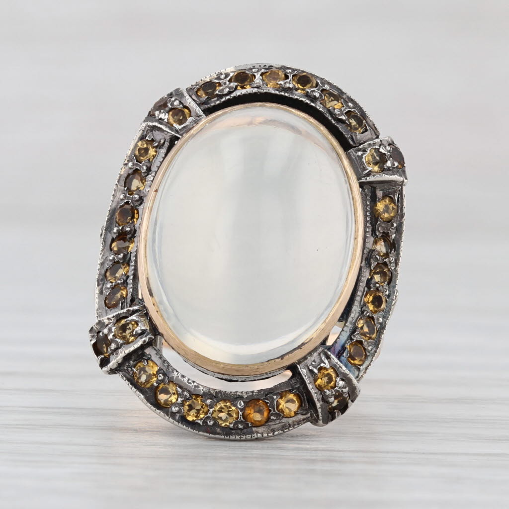 Vintage Cats Eye Moonstone Cabochon Citrine Halo Ring 18k Gold Silver Size 7.25