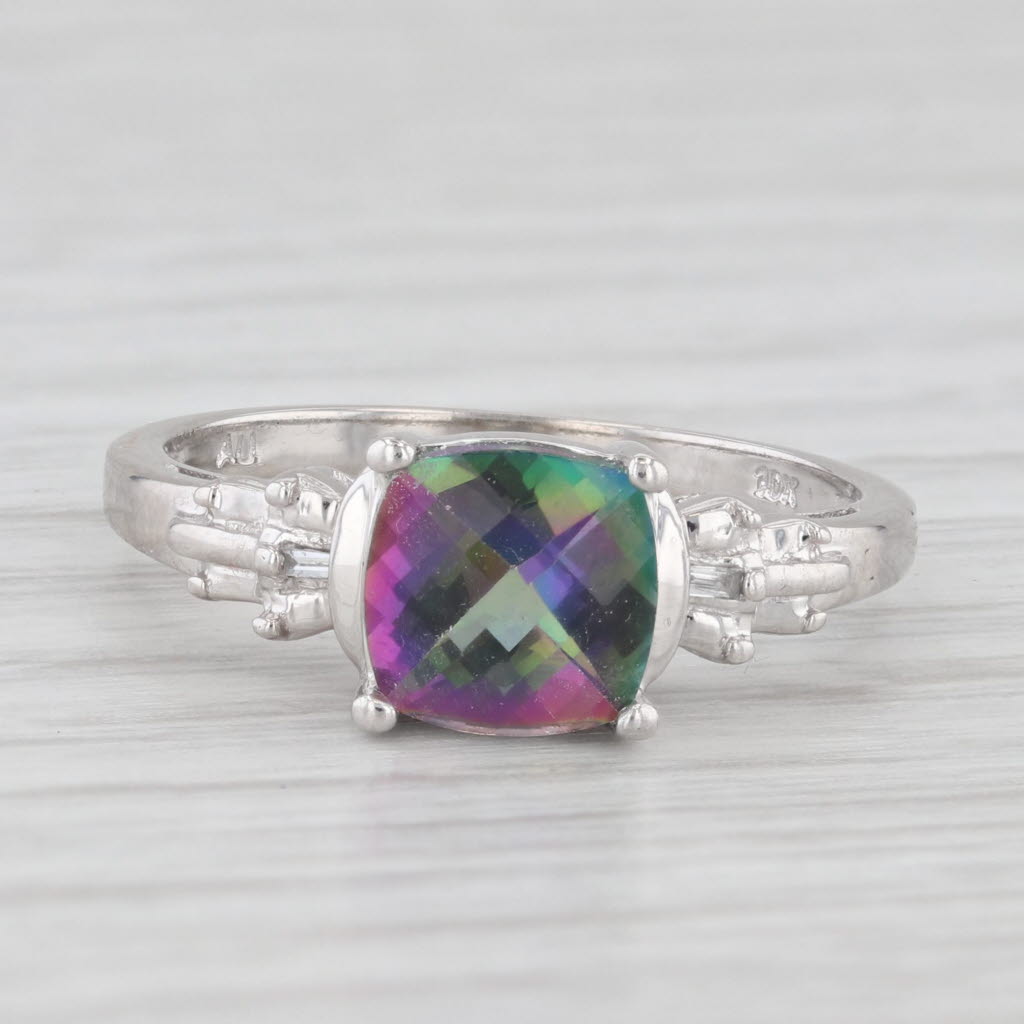 Light Gray 1.85ct Mystic Topaz Cushion Solitaire Ring 10k White Gold Diamonds Size 7.25