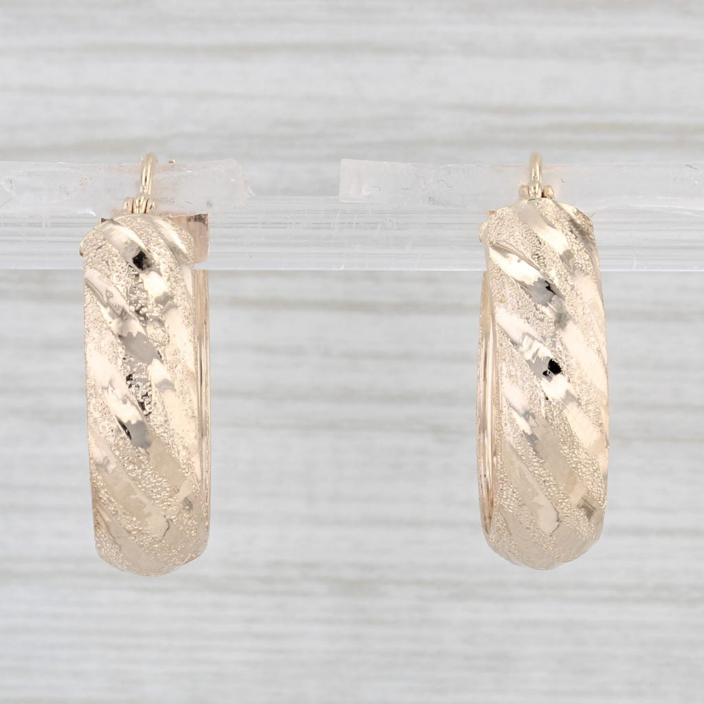 Light Gray Brushed Pattern Hoop Earrings 10k Yellow Gold Snap Top Round Hoops