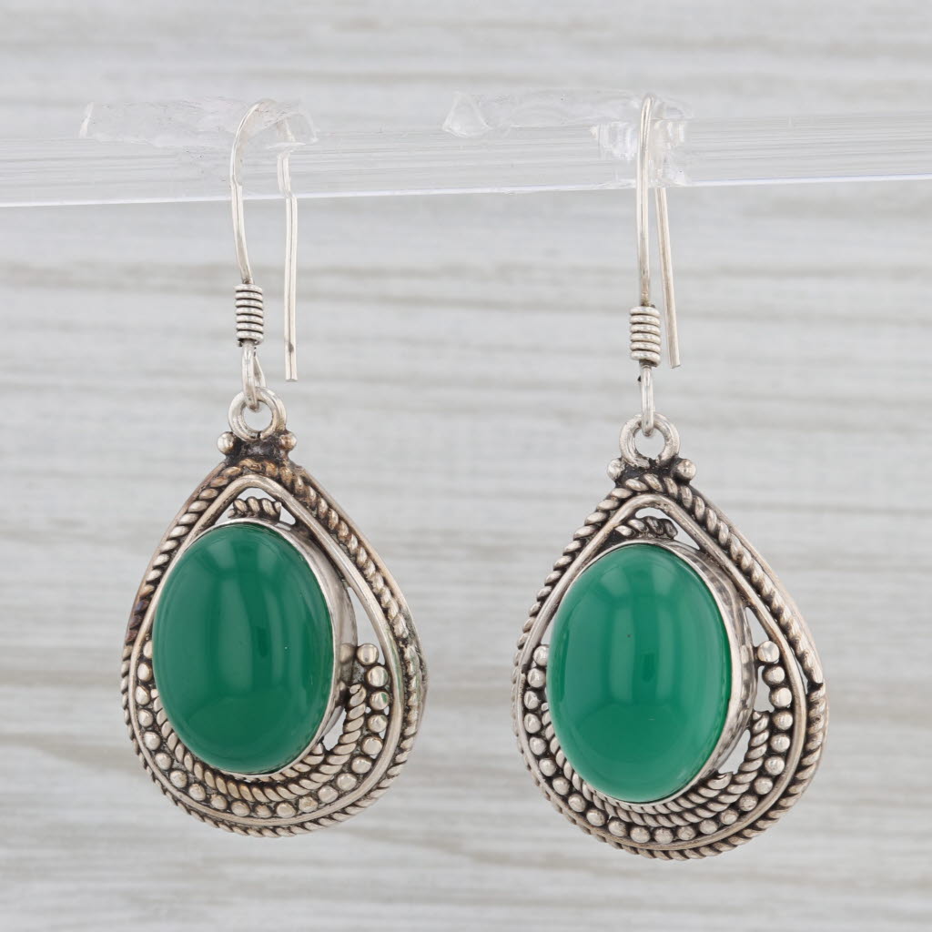 Light Gray Vintage Green Chalcedony Teardrop Dangle Earrings Sterling Silver Hook Posts