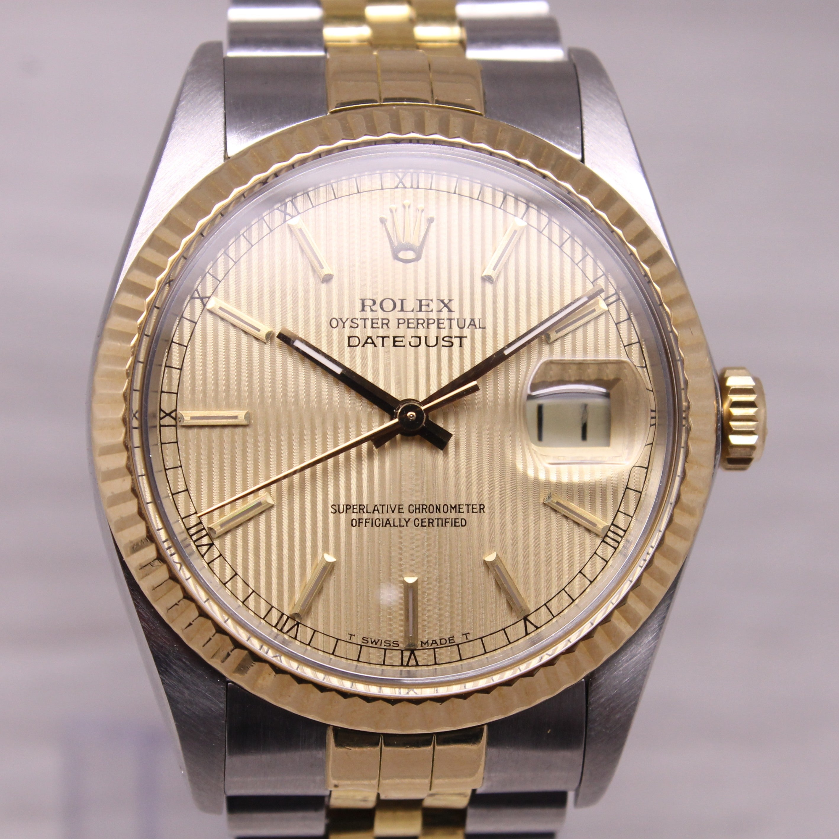 Vintage 1987 Rolex Datejust 16013 18k Steel Automatic Watch Tapestry Dial w Tag