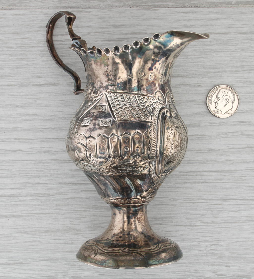 1816 Antique Pastoral Cream Pot Pitcher Sterling Silver Monogrammed Tea Coffee