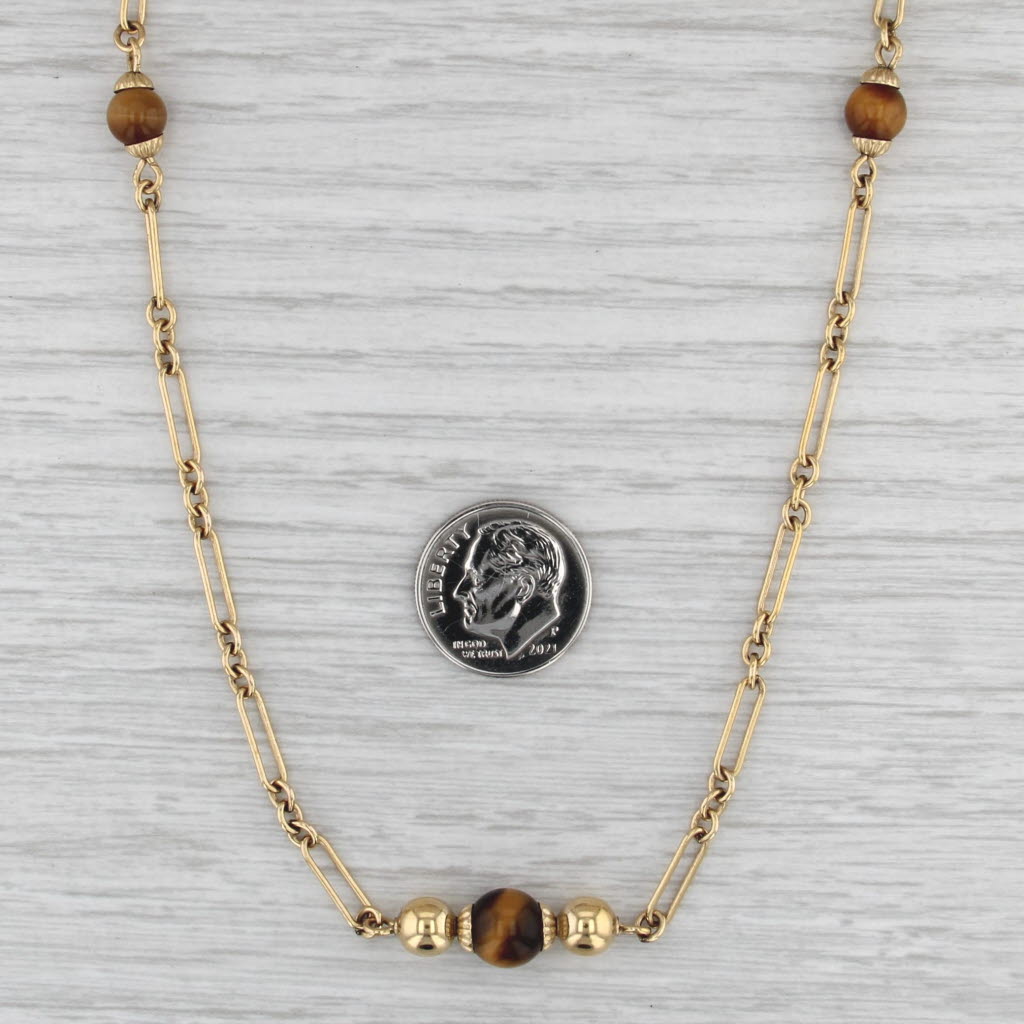 Vintage Tiger's Eye Bead Station Necklace 12k Gold Filled Cable Chain 30.5" BAB