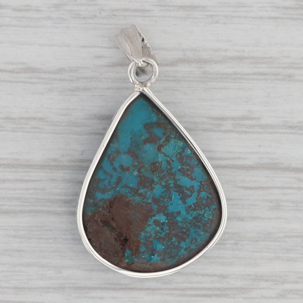 Gray Teal Chrysocolla Teardrop Pendant Sterling Silver Pear Cabochon