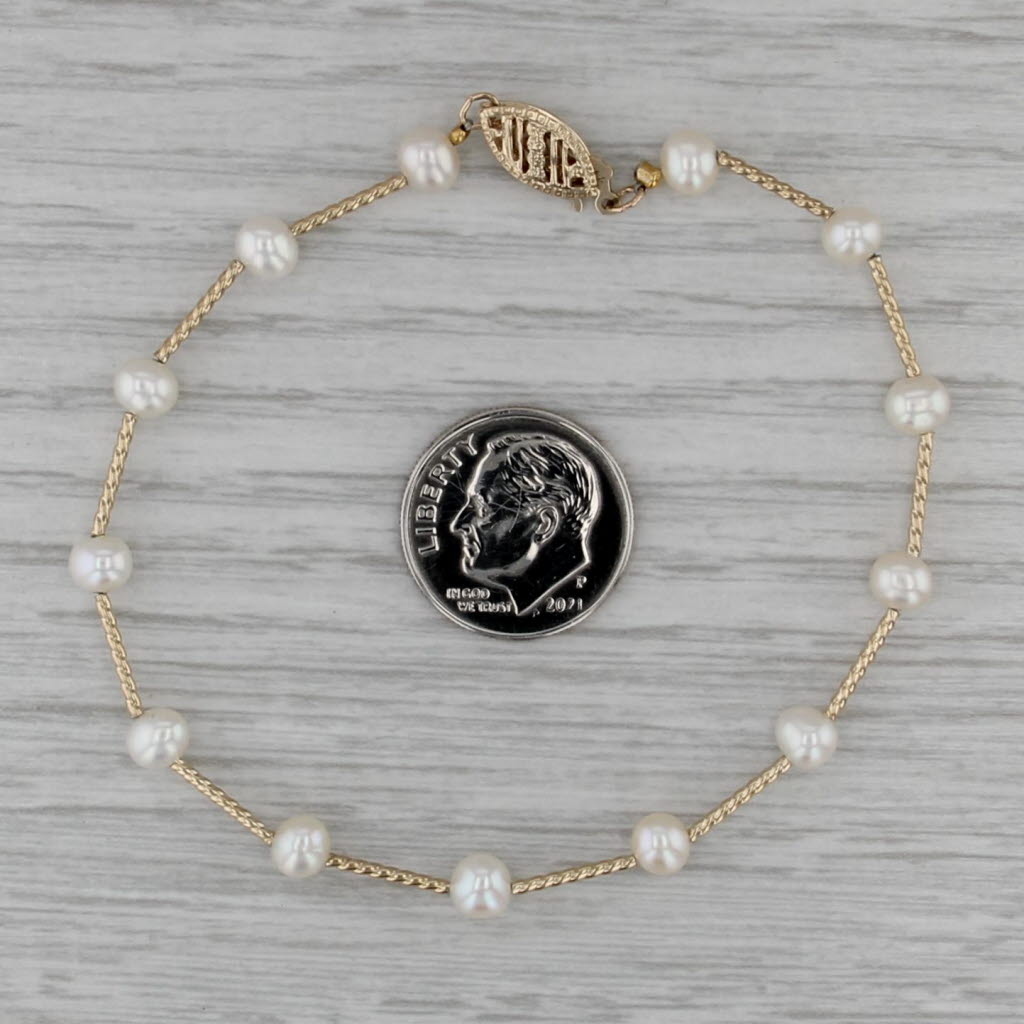 Cultured Pearl Bead Station Bar Bracelet 14k Yellow Gold 7.5"