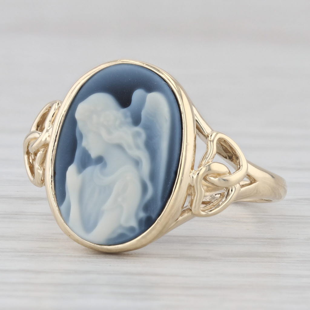 Light Gray Black White Agate Guardian Angel Cameo Ring 14k Yellow Gold Size 7.75