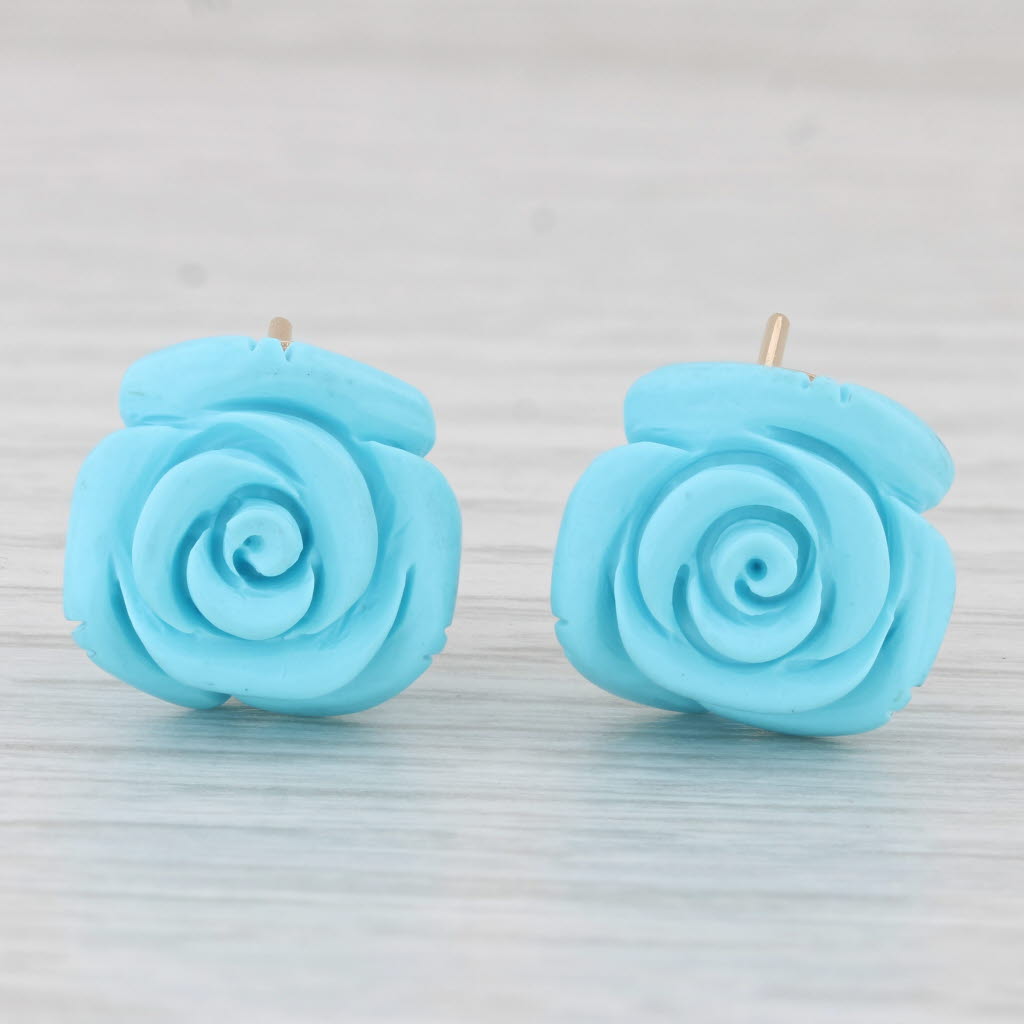 Light Gray Imitation Carved Turquoise Flower Stud Earrings 14k Yellow Gold Omega Backs