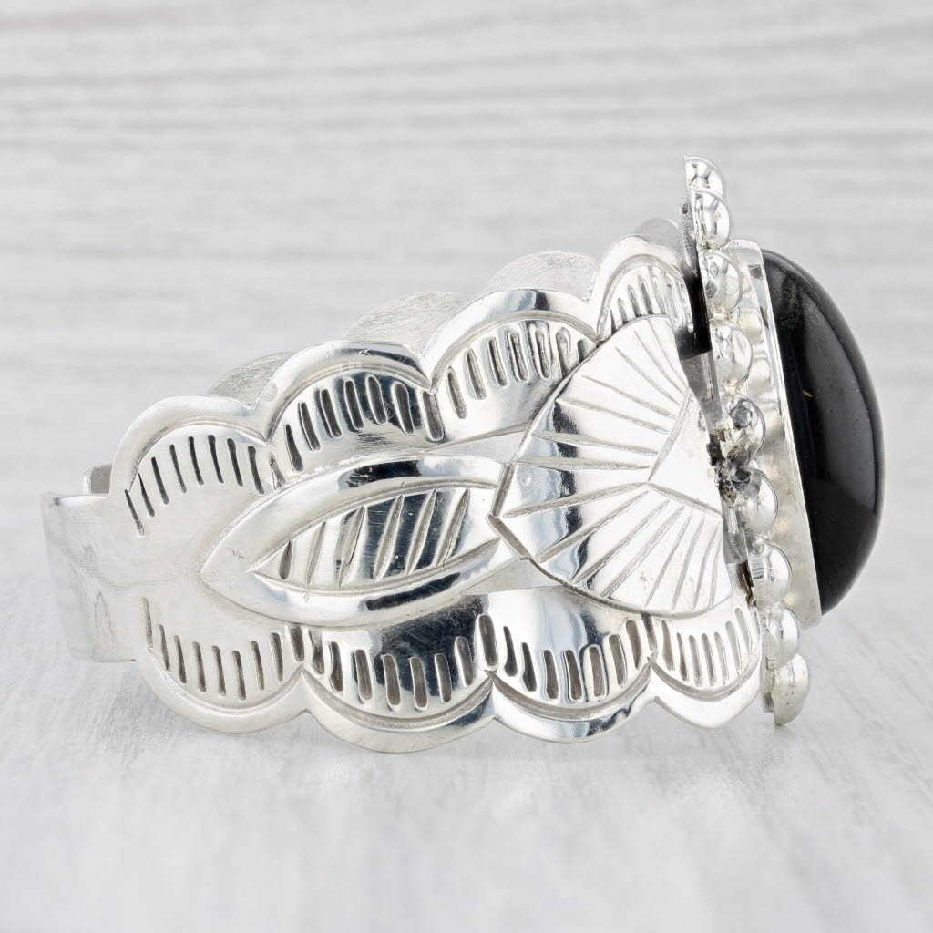 Light Gray Black Obsidian Sterling Silver Cuff Bracelet Stamped Pattern Mexico 7.25"