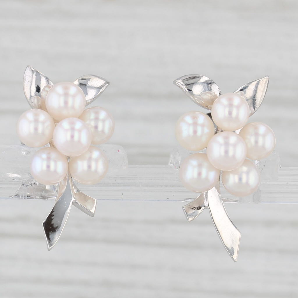 Light Gray Mikimoto Pearl Cluster Stud Earrings Sterling Silver w/ Box