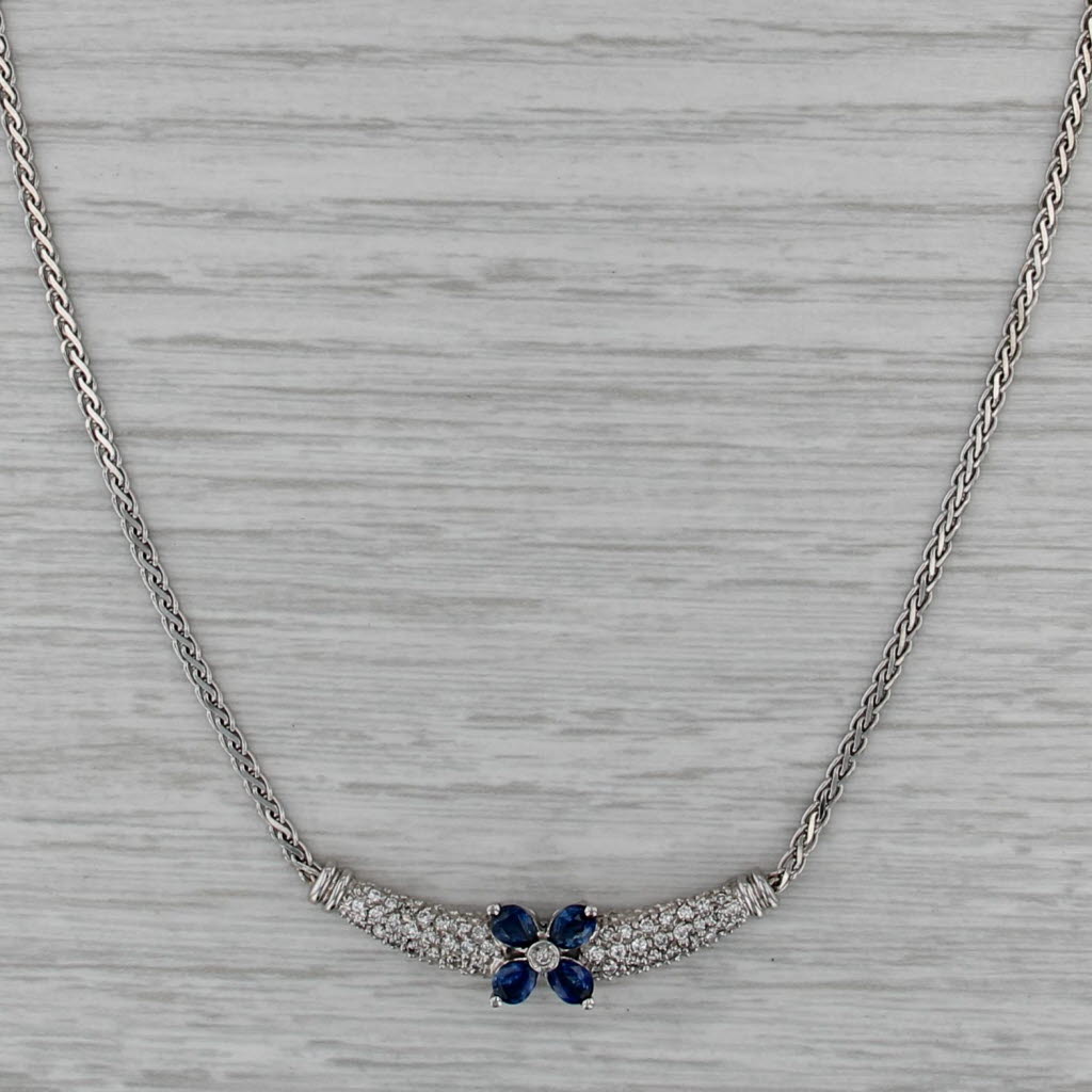 1.10ctw Sapphire Diamond Flower Necklace 14k White Gold 17.25" Wheat Chain