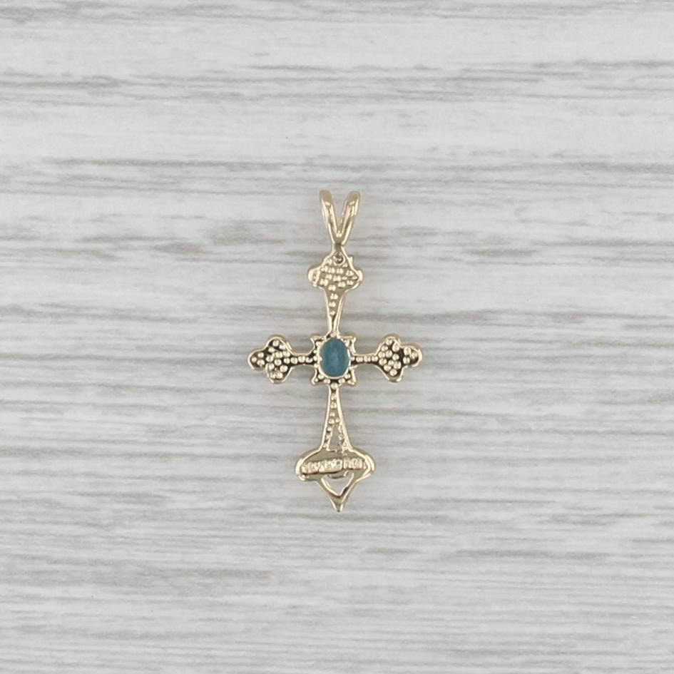 0.16ct Blue Topaz Cross Pendant 14k Yellow Gold Diamond Accents