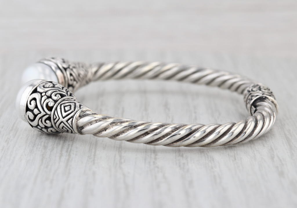 Cultured Pearl Hinged Ornate Cuff Bracelet Sterling Silver 7.25"