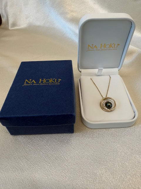 Dark Gray Na Hoku Cultured Pearl Diamond Swirl Pendant w/ Boxes 14k Gold 17" Cable Chain