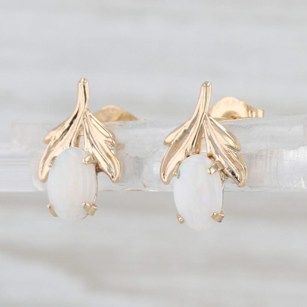 Opal Flower Stud Earrings 14k Yellow Gold Oval Cabochons