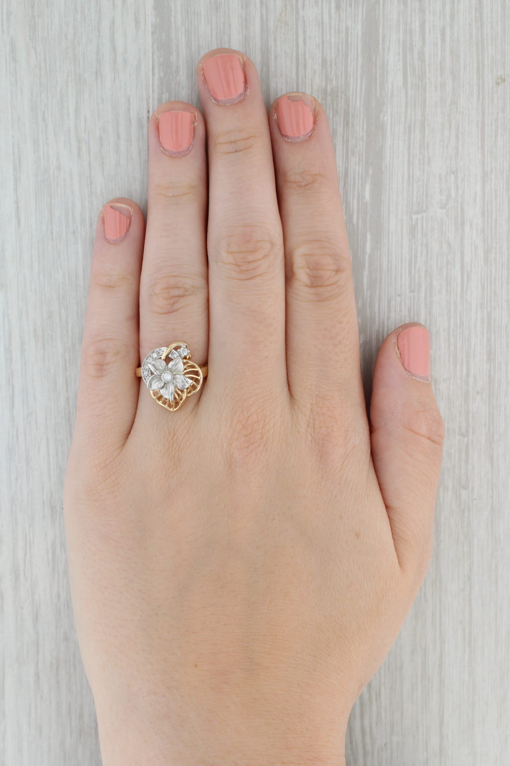 Gray 0.11ctw Diamond Flower Ring 14k White Yellow Gold Size 7.5