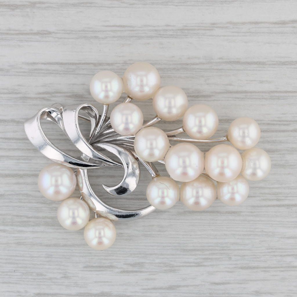 Gray Mikimoto Vintage Cultured Pearl Brooch 14k White Gold Flower Spray Statement Pin