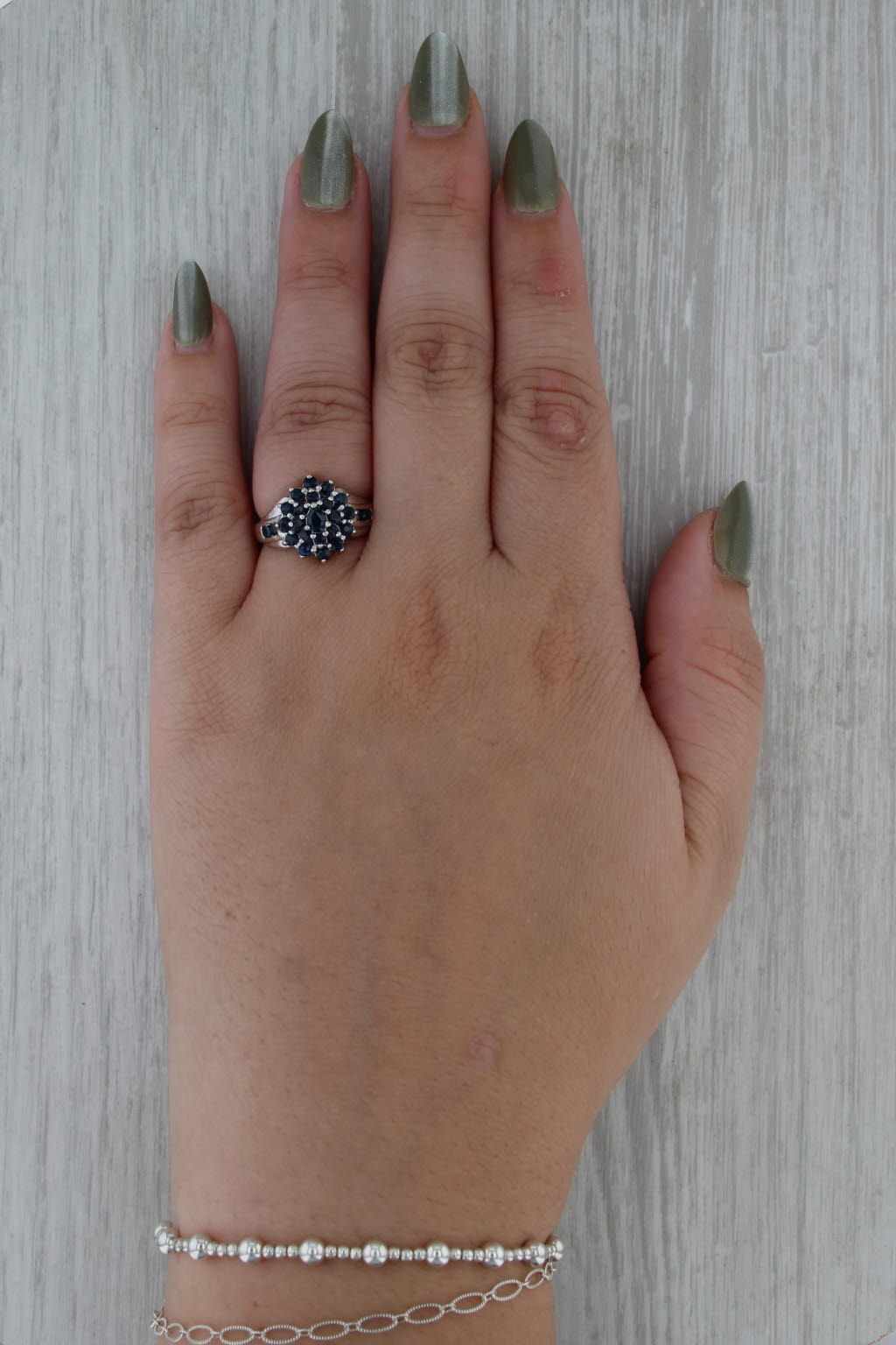 1.44ctw Blue Sapphire Cluster Ring 14k White Gold Size 6 Cocktail