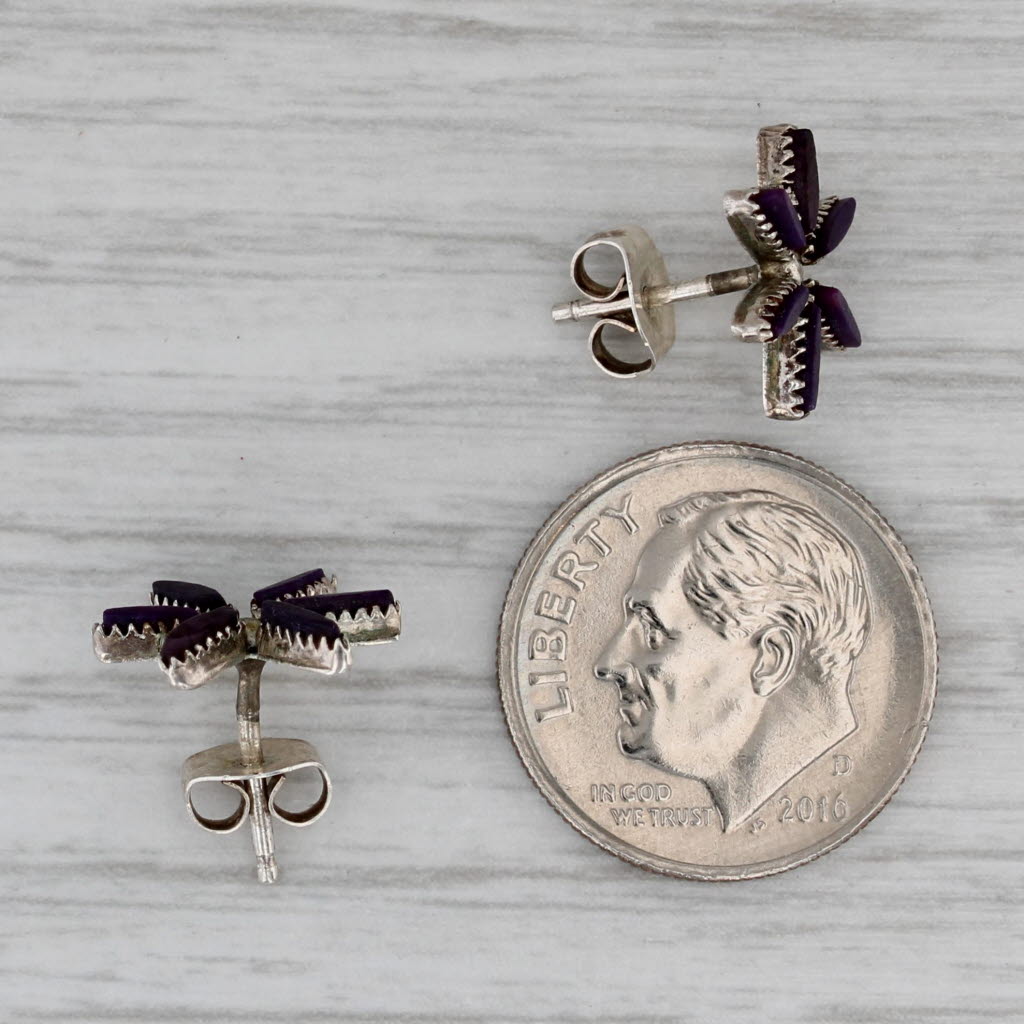 Gray Vintage Native American Purple Sugilite Flower Stud Earrings Sterling Silver
