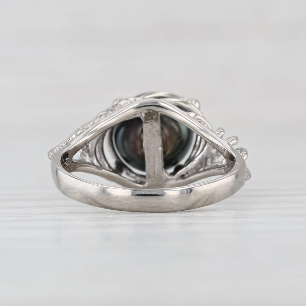 Cultured Black Pearl Solitaire Ring Silver Size 5 Openwork Band