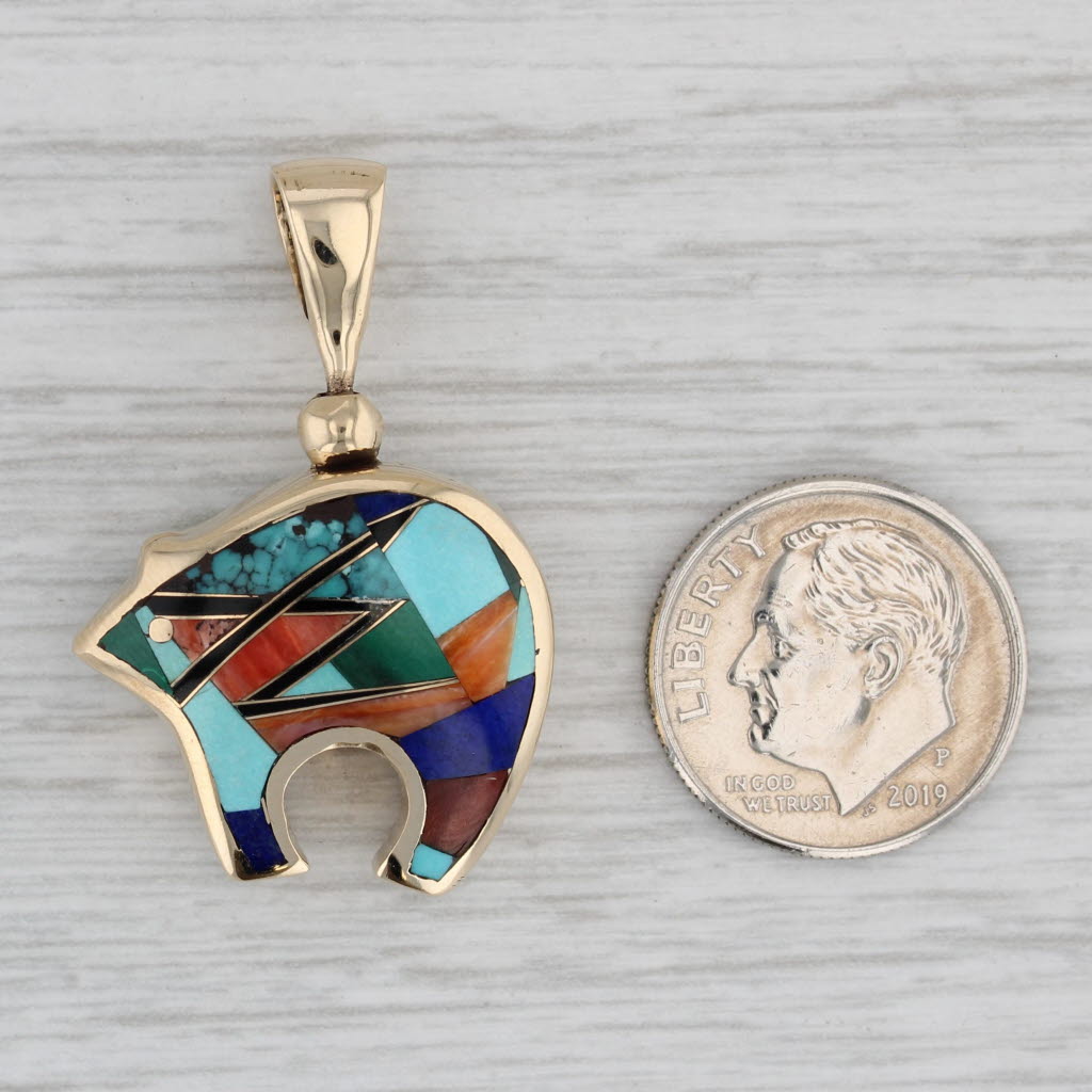 Gray Native American Stone Mosaic Bear Pendant 14k Yellow Gold Zuni Inlay