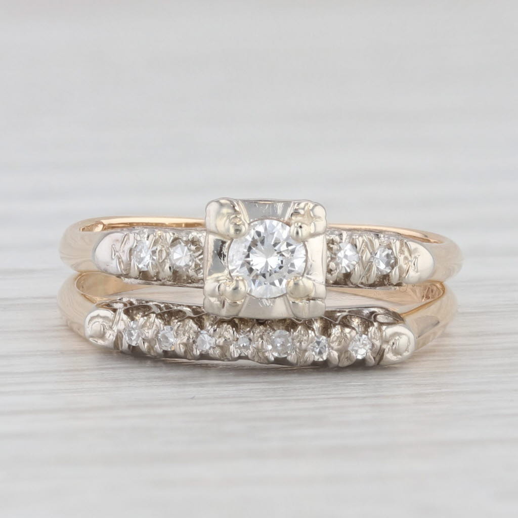 Light Gray 0.19ctw Vintage Diamond Engagement Ring Wedding Band Bridal Set 14k Gold Size 6