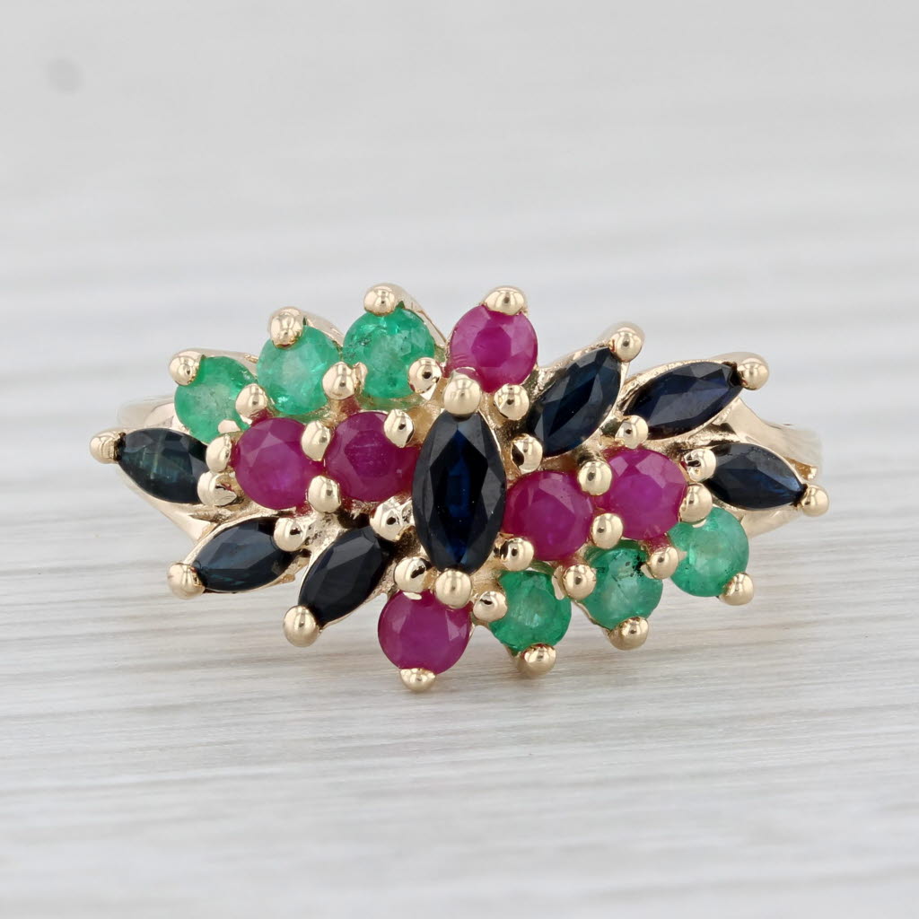 Light Gray 1.42ctw Sapphire Ruby Emerald Cluster Ring 10k Yellow Gold Size 8.25