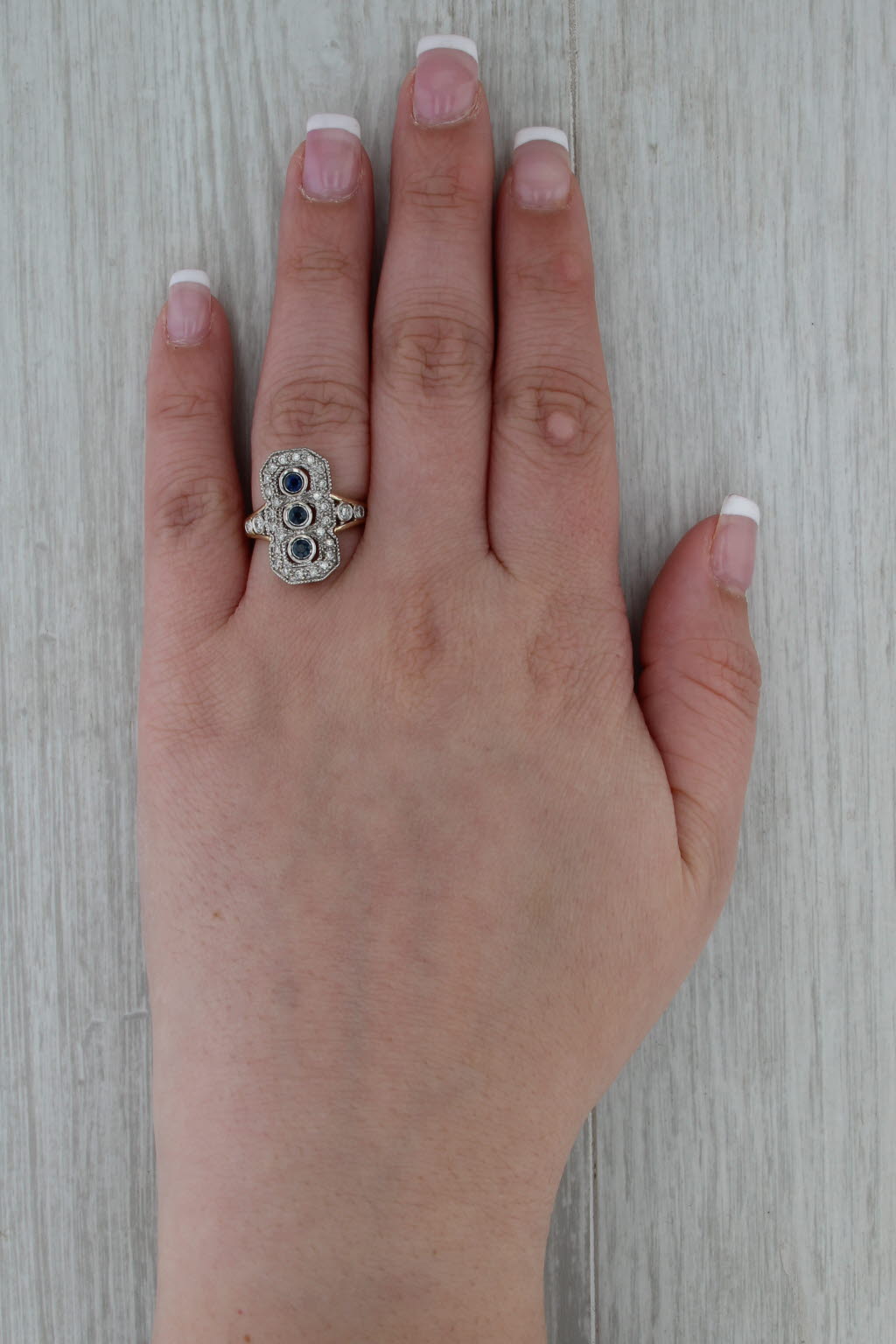 0.61ctw 3-Stone Blue Sapphire Diamond Halo Ring 10k White Yellow Gold Size 6.75
