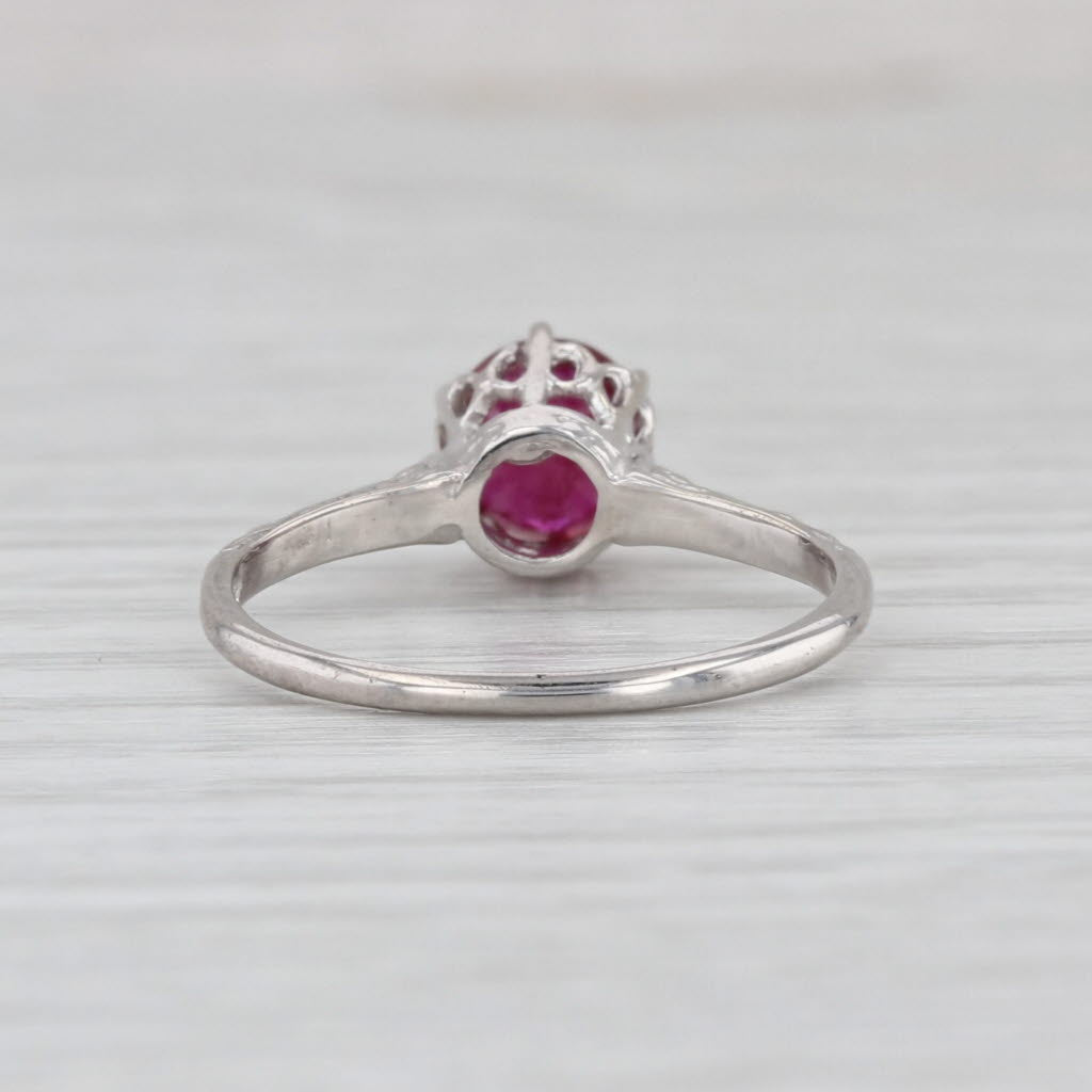 Vintage 0.90ct Ruby Round Solitaire Ring 14k White Gold Size 6.25 Etched Band