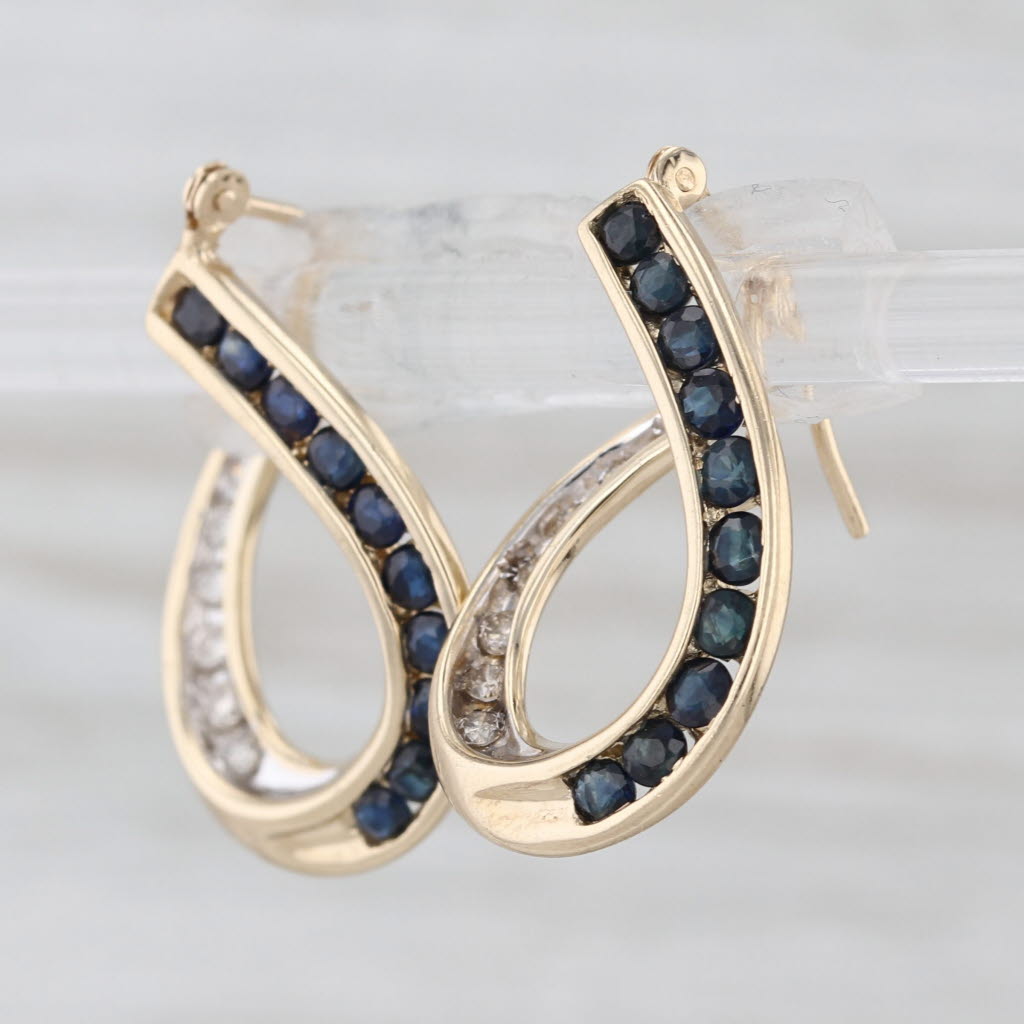 1.04ctw Blue Sapphire Diamond Hoop Earrings 14k Yellow Gold Snap Top Hoops
