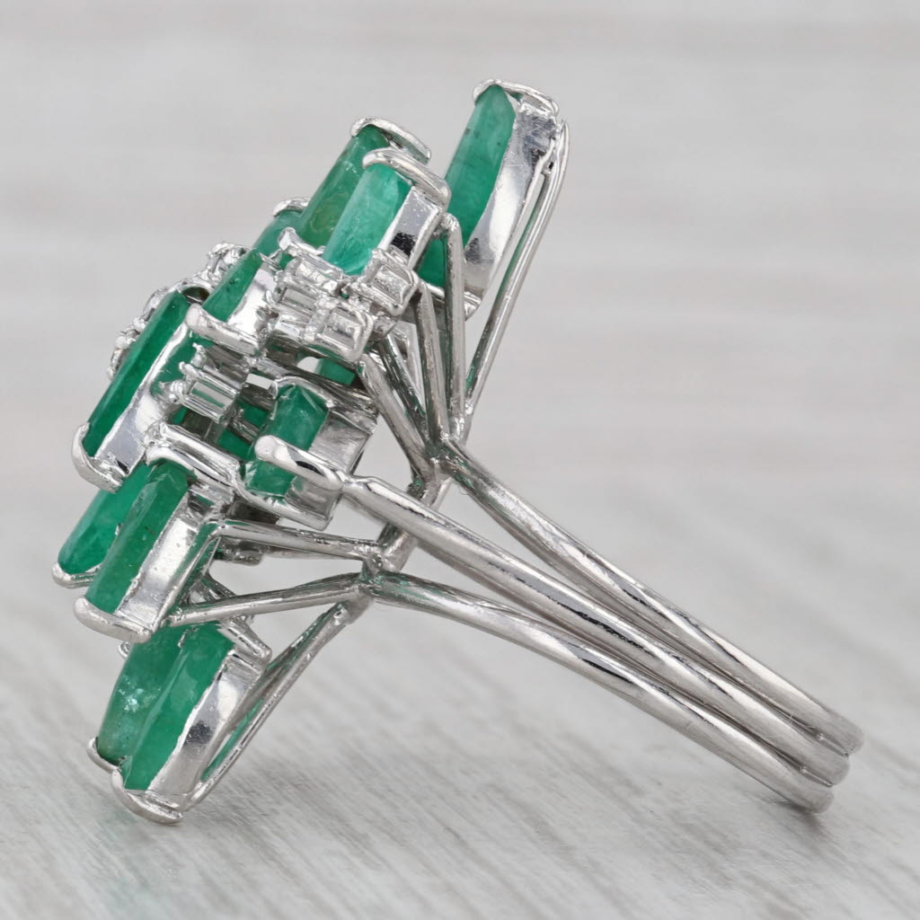 Gray 6.28ctw Emerald Damond Flower Cocktail Ring 14k White Gold Size 6.5-6.75