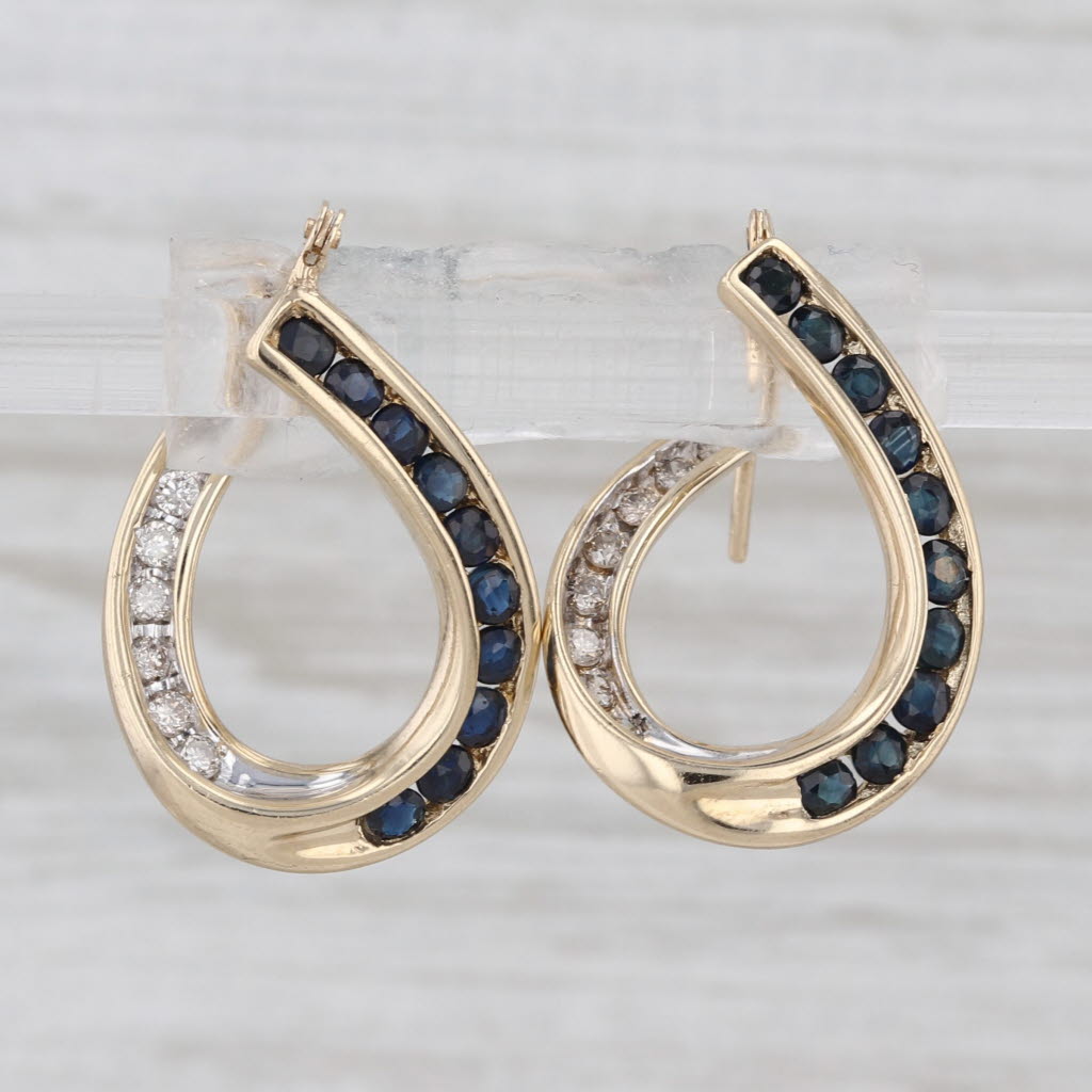 1.04ctw Blue Sapphire Diamond Hoop Earrings 14k Yellow Gold Snap Top Hoops