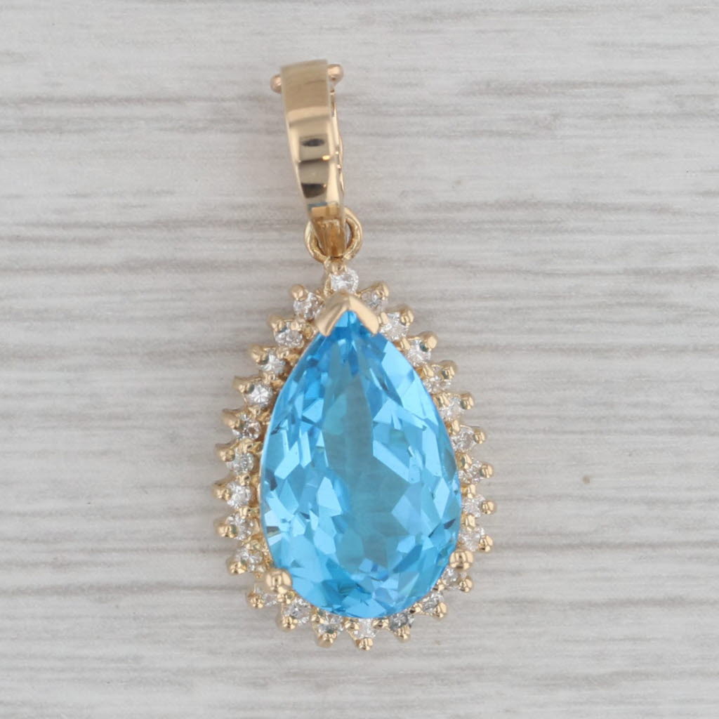 Gray 6.05ctw Blue Topaz Diamond Halo Teardrop Pendant 14k Yellow Gold