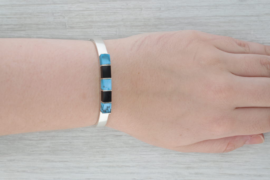 Dark Gray Vintage Taxco Blue Black Resin Sterling Silver Bangle Bracelet 7"