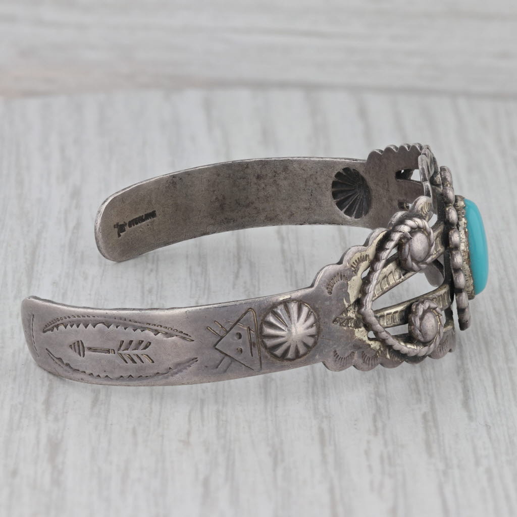 Gray Vintage Native American Stamped Turquoise Cuff Bracelet Sterling Silver 7" Bell