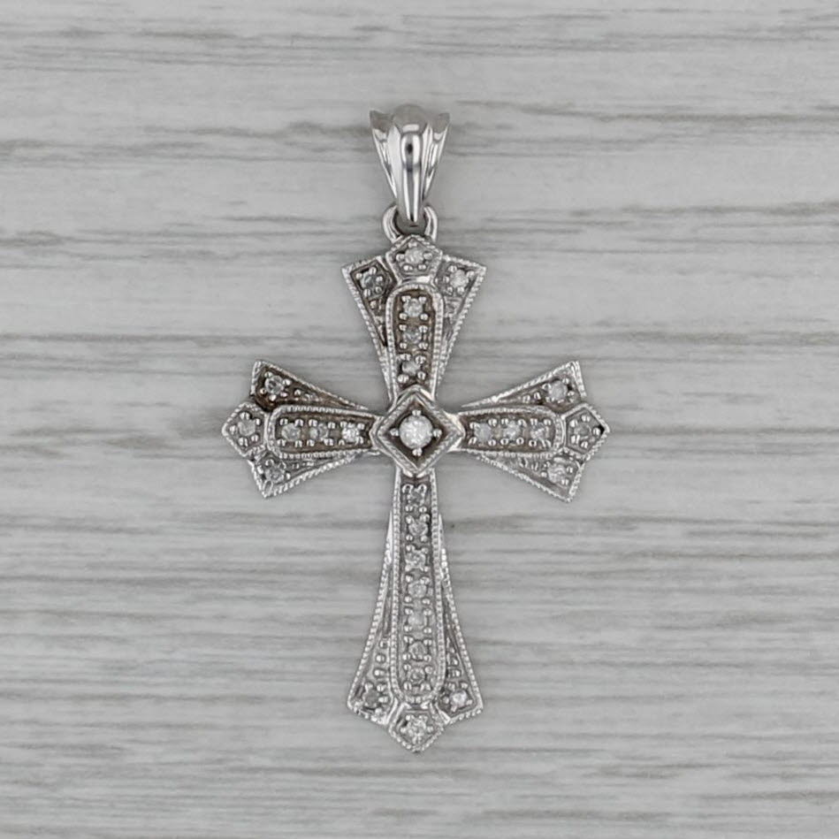 0.18ctw Diamond Cross Pendant 10k White Gold Ornate Estate