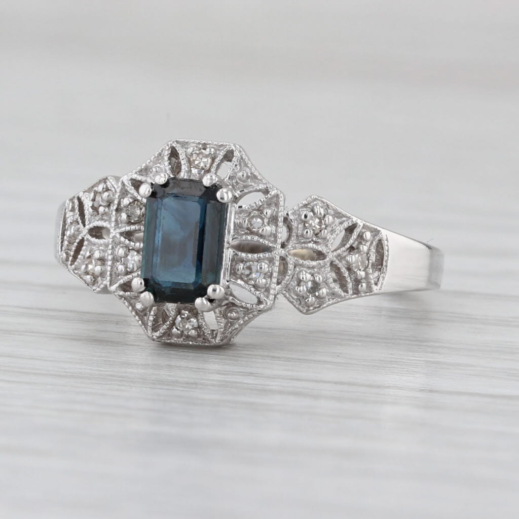 0.72ctw Emerald Cut Sapphire Diamond Halo Ring 10k White Gold Size 6