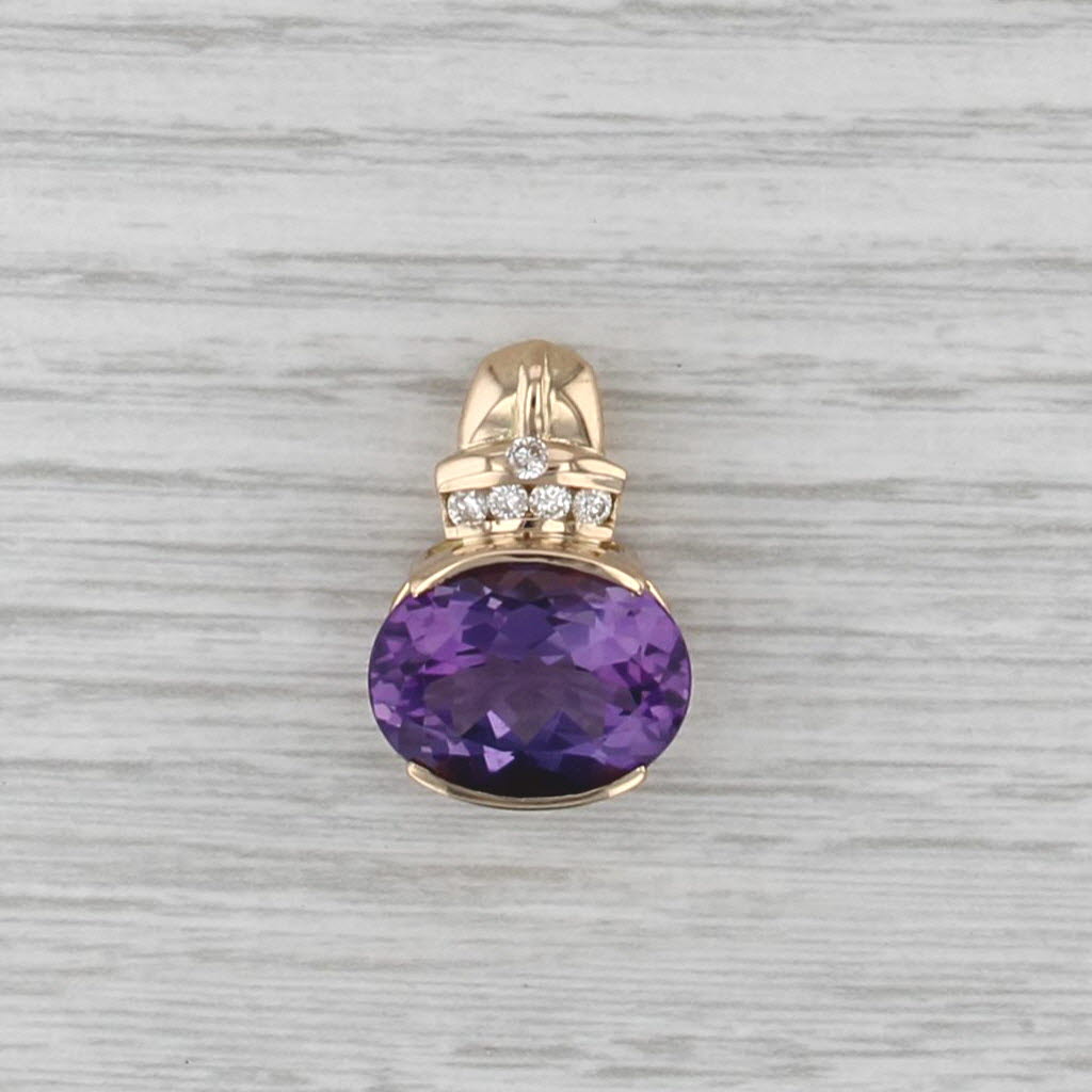 9.18ct Oval Amethyst Diamond Drop Pendant 14k Yellow Gold Faceted Solitaire