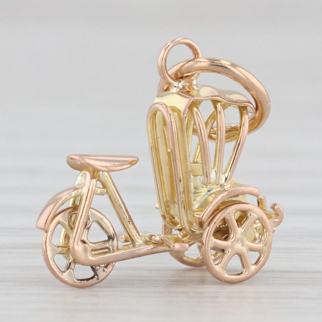 Light Gray Vintage Bike Tricycle Carriage Charm 18k Yellow Gold Wheels Move Pendant