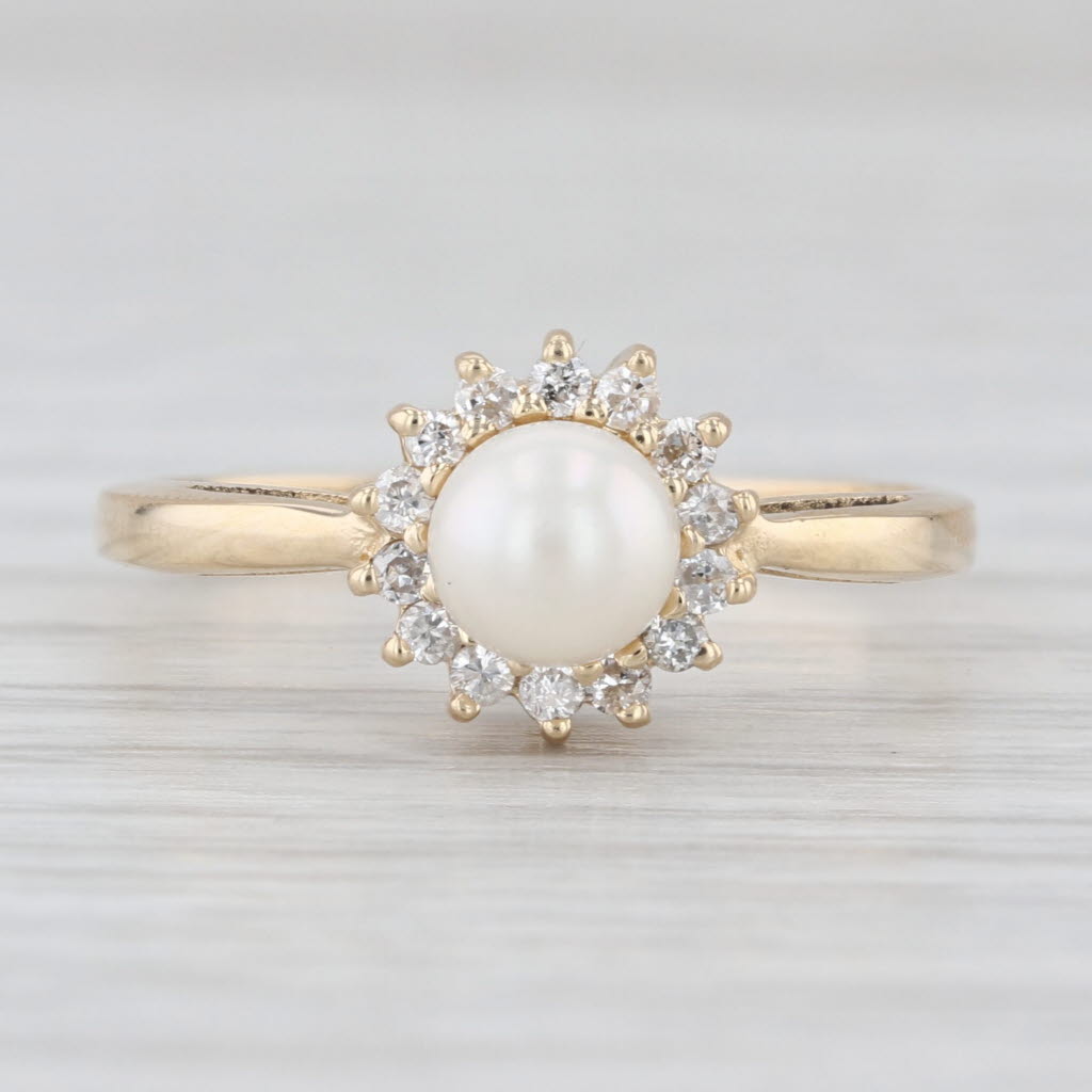 Cultured Pearl Diamond Halo Ring 14k Yellow Gold Size 6.5