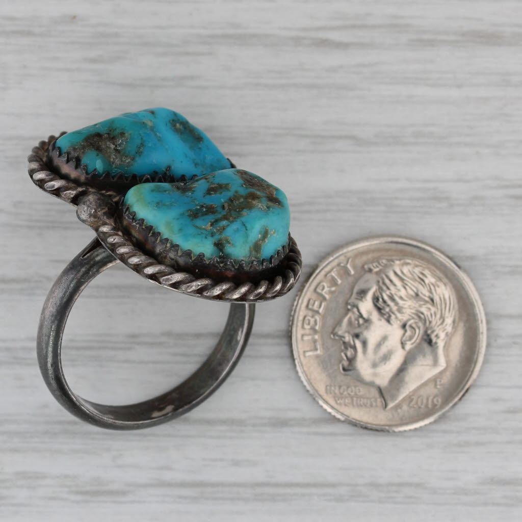 Dark Gray Vintage Native American Turquoise Cabochon Ring Sterling Silver Size 8