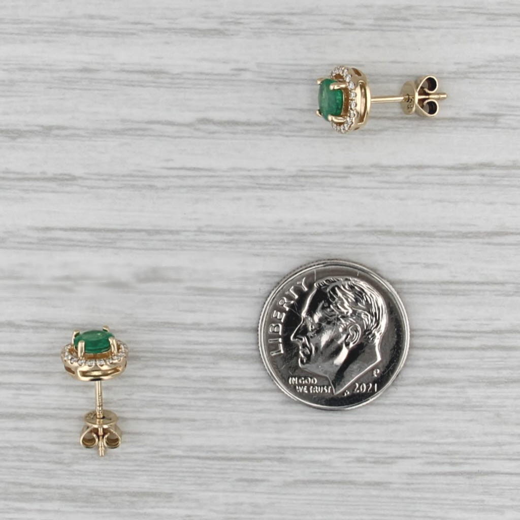 0.88ctw Emerald Diamond Halo Stud Earrings 14k Yellow Gold Round Studs